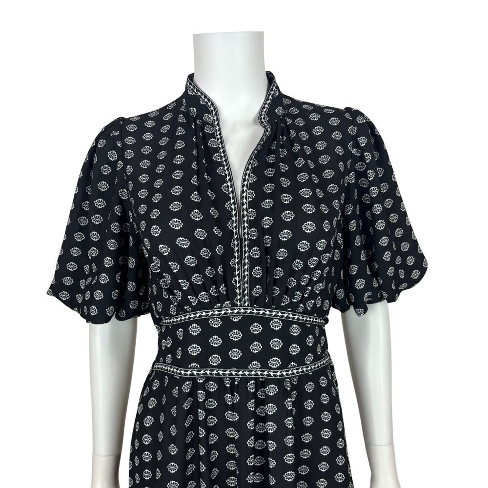 Max Studio London Floral Dress Medium Black White Printed Puff Sleeves Tiered Mi - Picture 4 of 13
